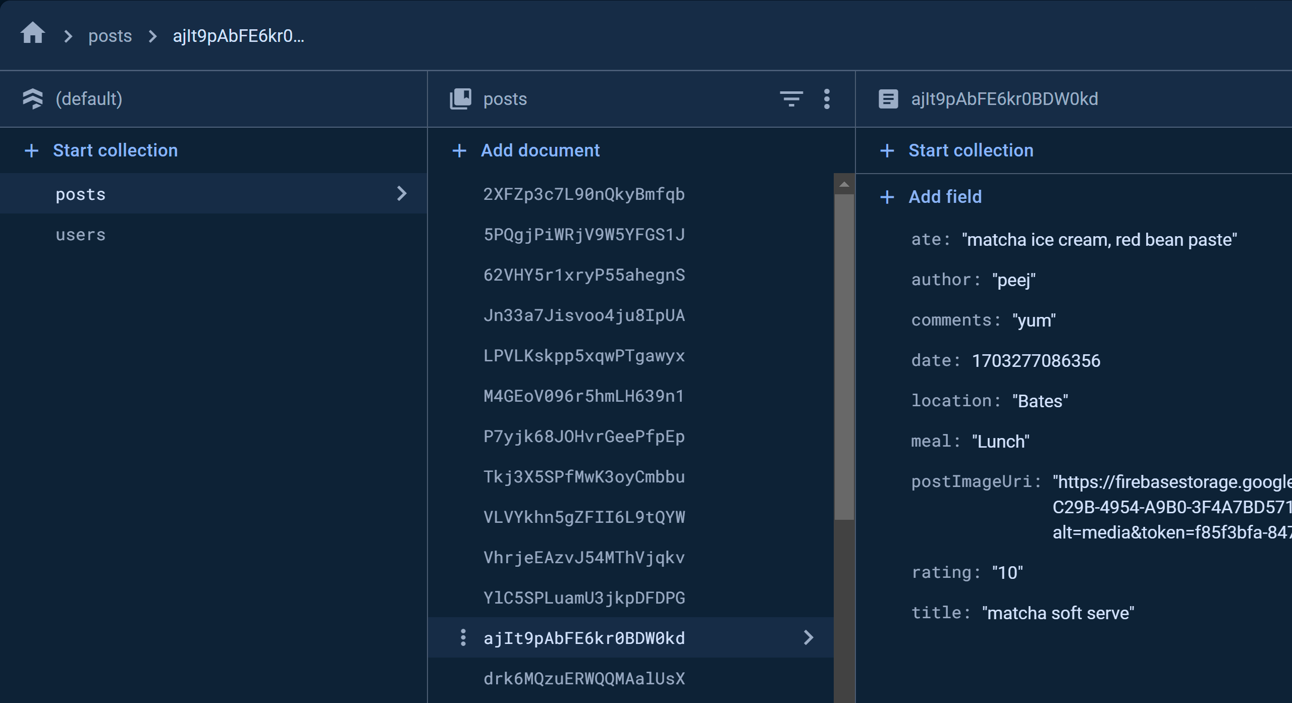 Firebase data storage screenshot